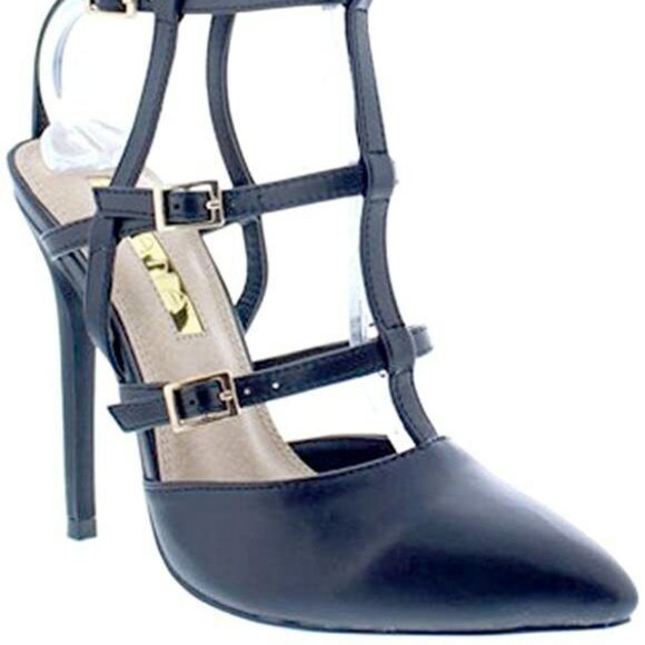 Liliana Black Calf-High Pointy Toe Open Back Caged Heel Gisele-90 Size 8 NIB - Picture 3 of 7